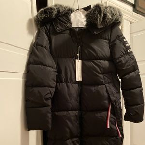 Womens full length black down coat with tags